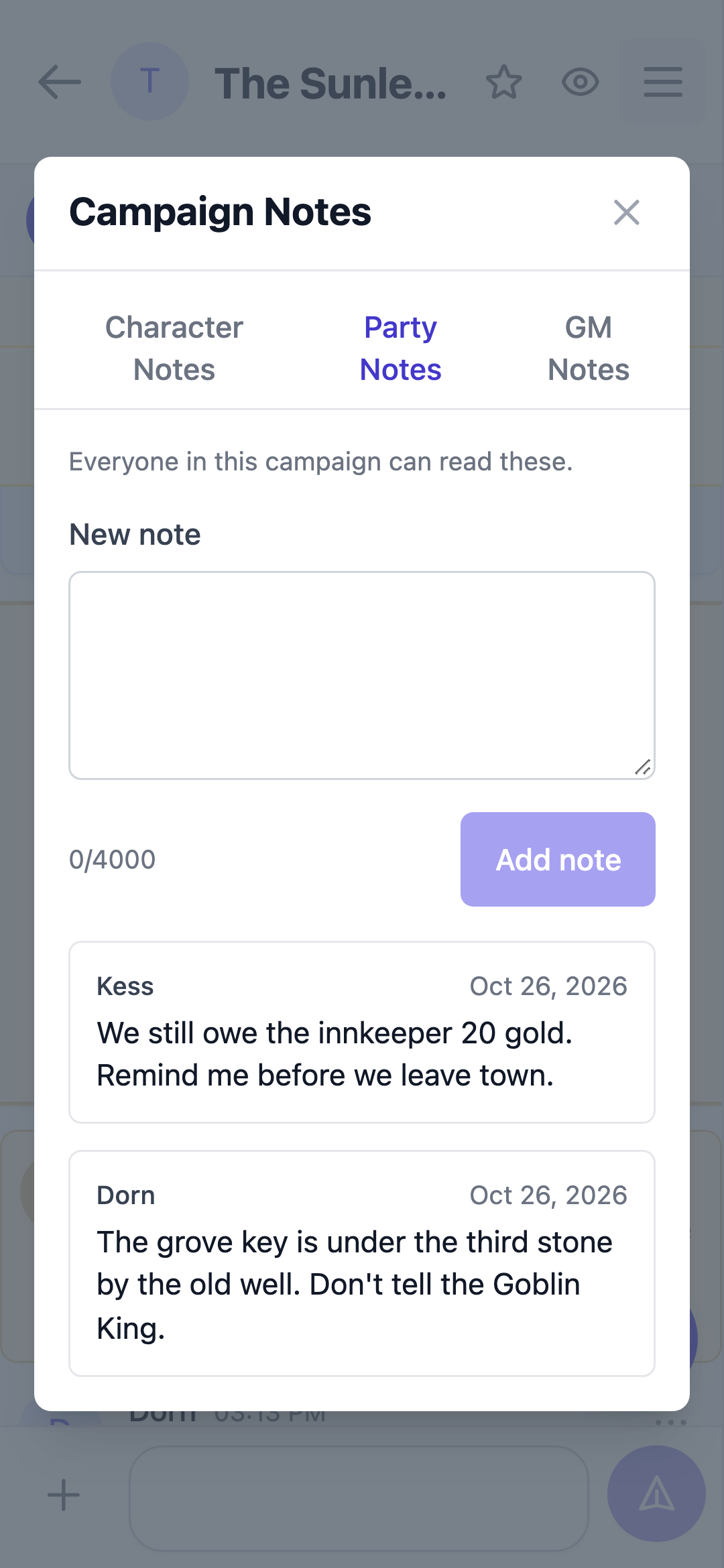 Campaign Notes screenshot